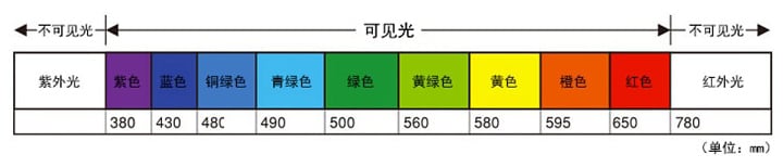 [ 不可見光 : 紫外光 ][ 可見光不 : 紫 380 / 藍(lán) 430 / 藍(lán)綠 480 / 青綠 490 / 綠 500 / 黃綠 560 / 黃 580 / 橙 595 / 紅 650 ][ 不可見光 : 紅外光 780 ]（單位：nm）